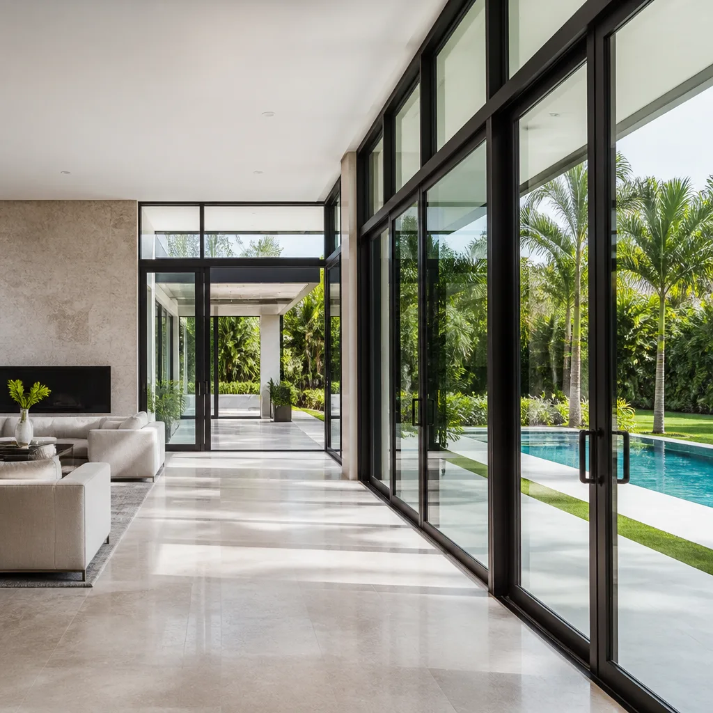 Modern floor-to-ceiling glass door replacement in luxury home interior