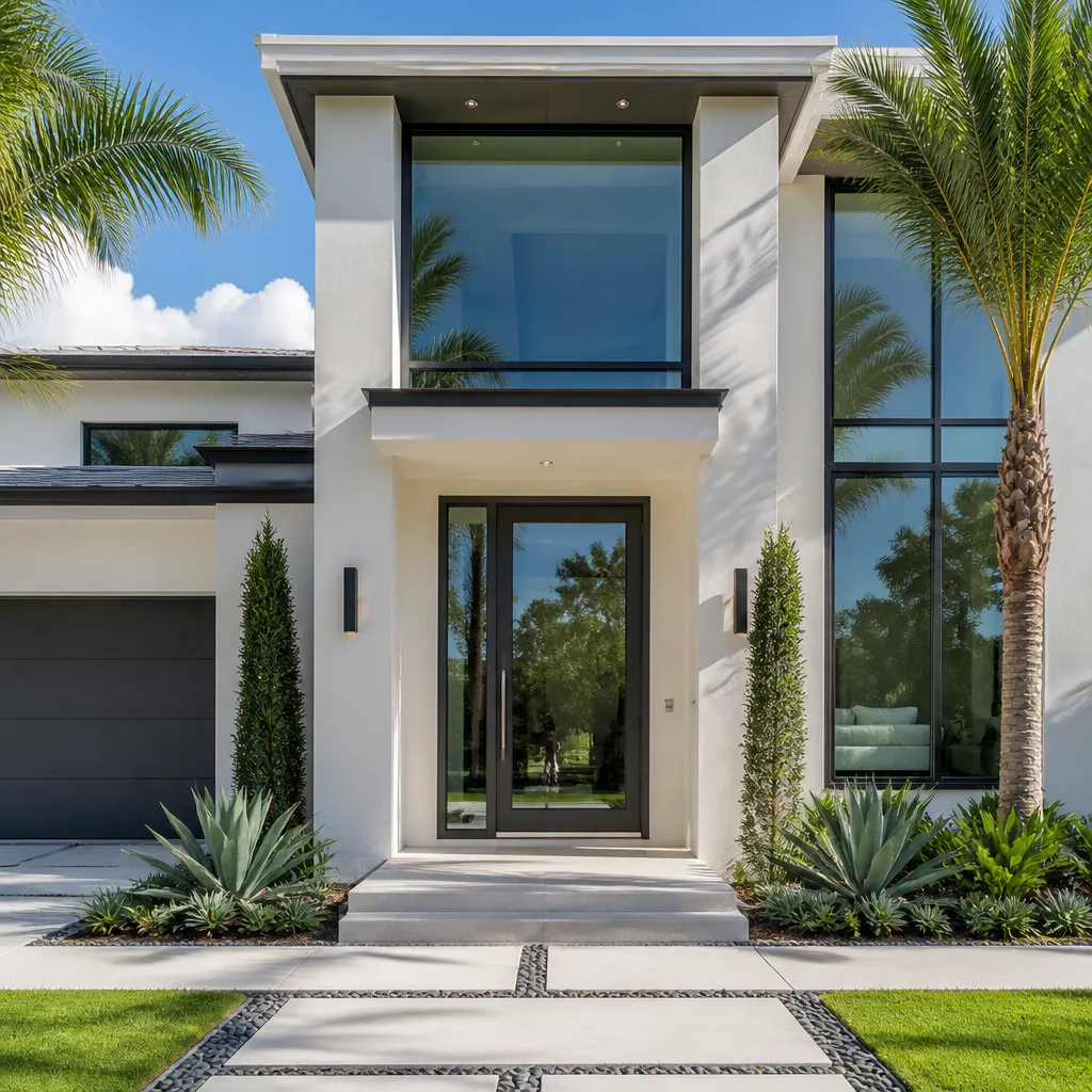 Modern home entryway with newly installed contemporary glass front door