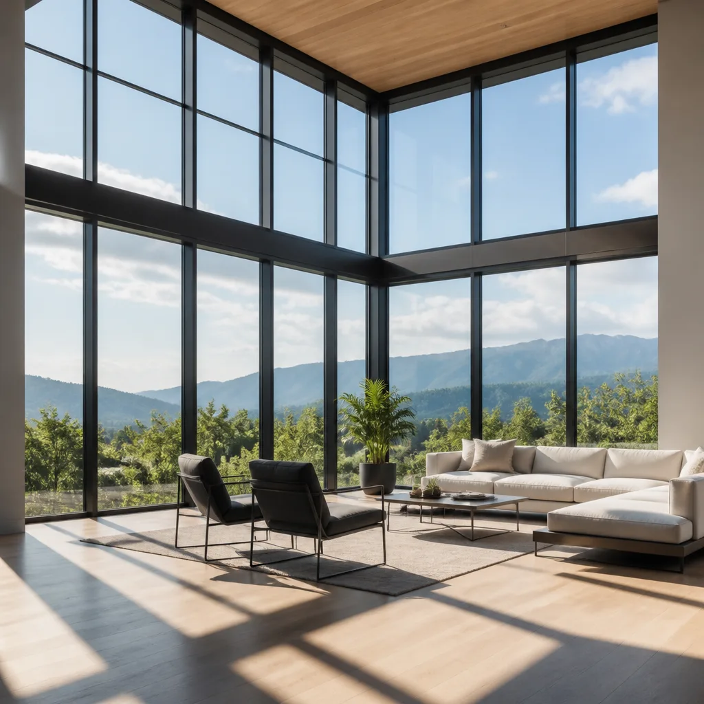 Modern floor to ceiling window installation in a luxury mountain home