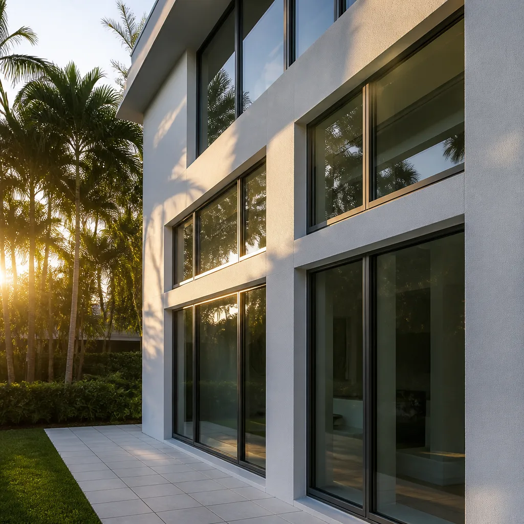Modern residential building exterior featuring high-quality large black window frames