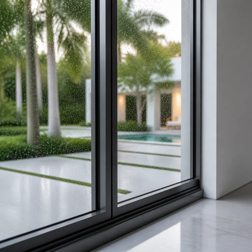 Modern black-framed sliding glass doors installed in a luxury home