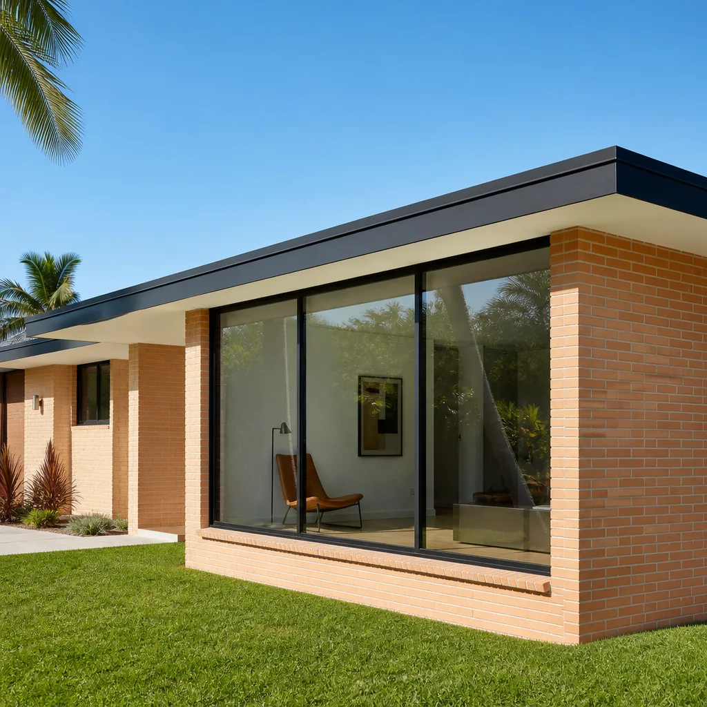 Modern home exterior with large black-framed replacement windows