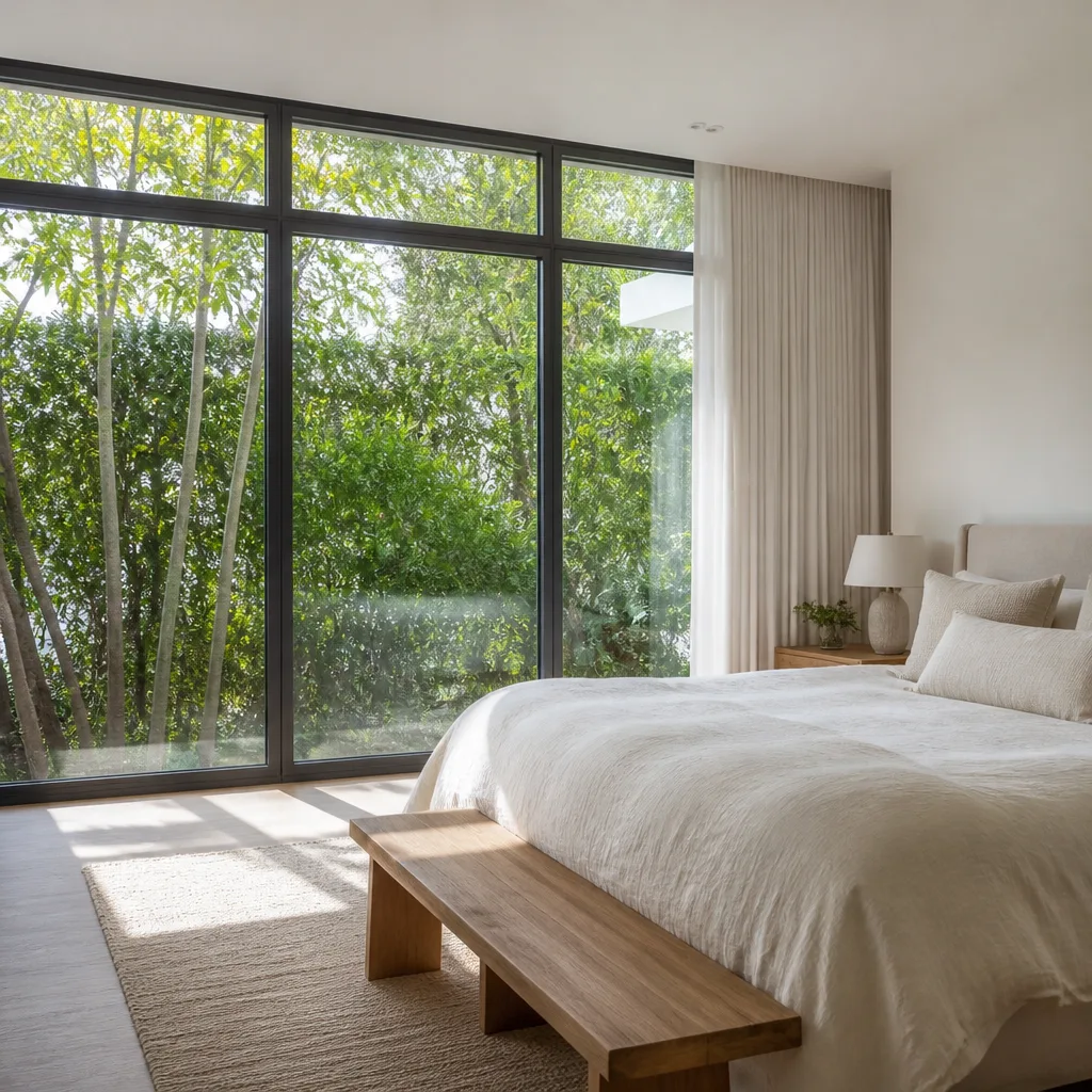 Modern floor-to-ceiling windows installed in a bright, minimalist bedroom