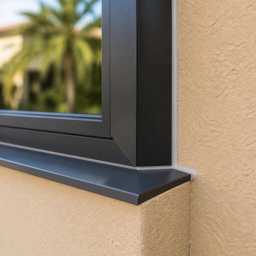 Close-up of modern black window frame installation with professional silicone seal